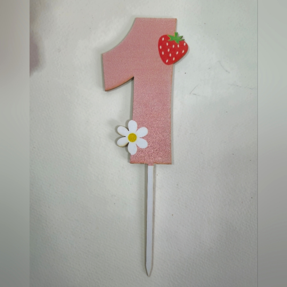 Pink Number 1 Cake Topper with Strawberry and Daisy. 1st Birthday Cake Topper.